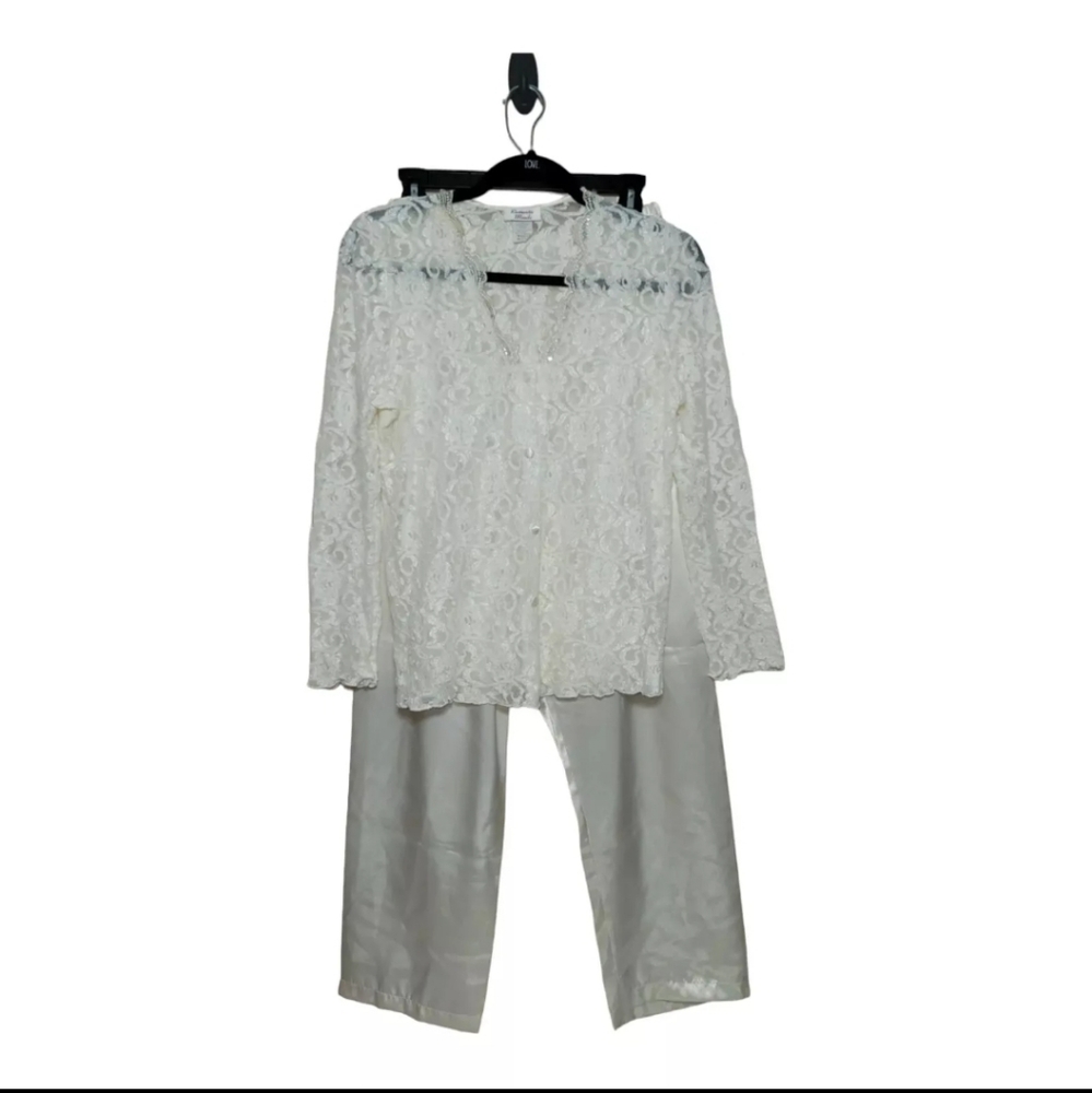 Vintage Romantic Moods Pajama Set Women's Medium Lace Top Satin Pants Buttondown